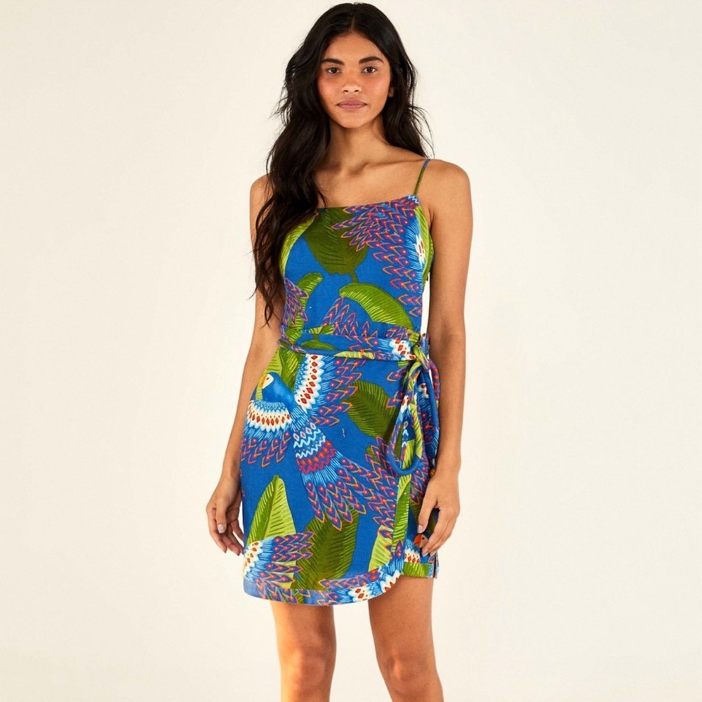 NWT Farm Rio Blue Macaw Mini Wrap Dress